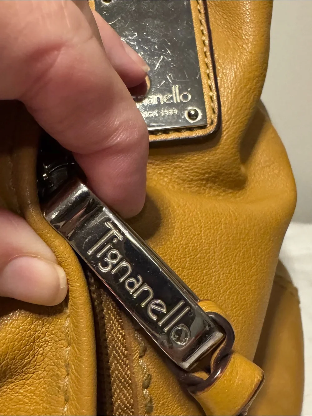 Tignanello Leather Shoulder Hobo Bag Mustard Color Gold Hardware Ink Stain